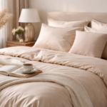 Светлый комплект постельного белья из сатина на кровати в современной спальне