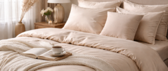 Светлый комплект постельного белья из сатина на кровати в современной спальне