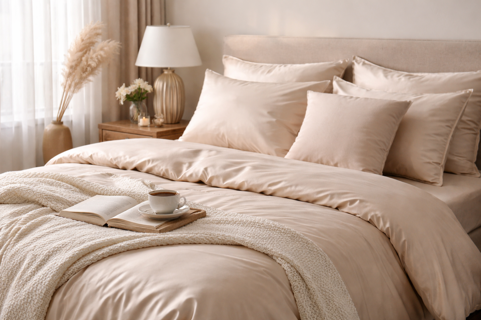 Светлый комплект постельного белья из сатина на кровати в современной спальне